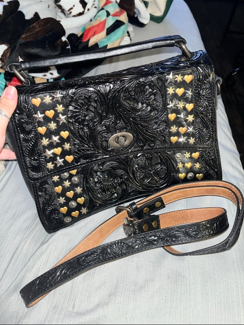 American Darling Black Embossed Leather Crossbody with Gold Heart & Star Studs